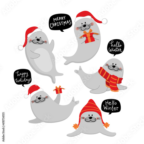 Cute baby seal in Christmas holidays. Sea animal in winter costume cartoon character collection. -Vector
