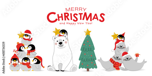 Merry Christmas greeting card with cute polar bear and baby penguins. Arctic animal in winter costume cartoon character. -Vector