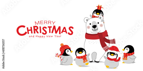 Merry Christmas greeting card with cute polar bear and baby penguins. Arctic animal in winter costume cartoon character. -Vector