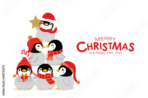 Cute baby penguin in winter costume vector. Merry Christmas and happy holidays greeting card. Wildlife animal cartoon character. -Vector
