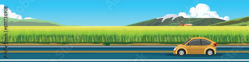 Transport of mini car travel for banner. Mini car orange color driving on asphalt road.  Beside of road with green grass.  Mountain and blue sky with white clouds. Copy Space Flat Vector.