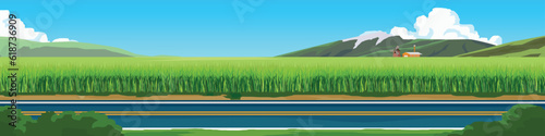 Transport of travel road with nature for banner. Empty asphalt road beside of road with green grass. Mountain and blue sky with white clouds. Copy Space Flat Vector.