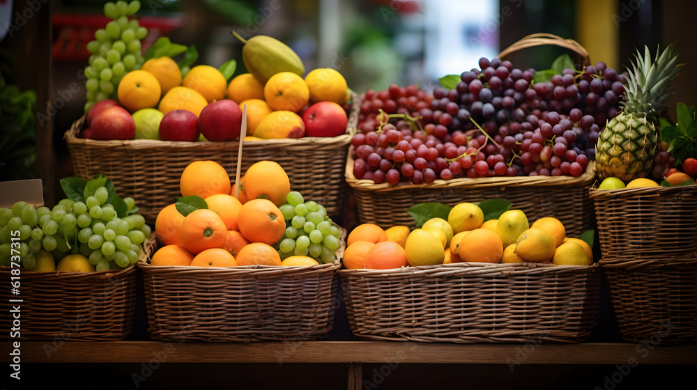 fruits in basket with fruits on shelf in market fruits in basket with fruits on shelf in market