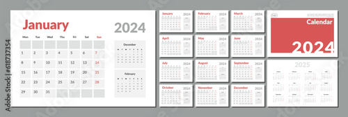 Set of 2024-2025 Calendar Planner Template with Place for Photo and Company Logo. Vector layout of a wall or desk simple calendar with week start Monday. Calendar grid in grey color for print