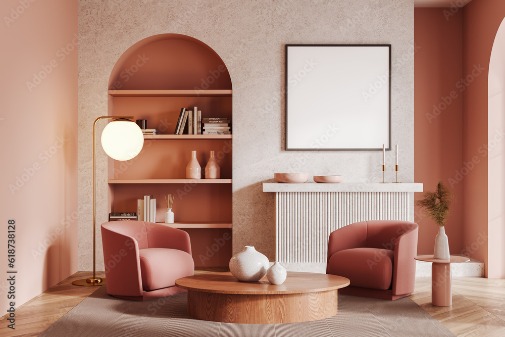 Pink living room interior with arch and poster Stock Illustration ...