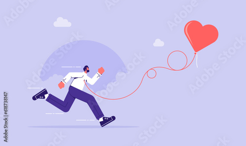 Searching passionate job for happiness, businessman follow heart bubble ahead, self motivation to chase dream, ambition to find right career concept