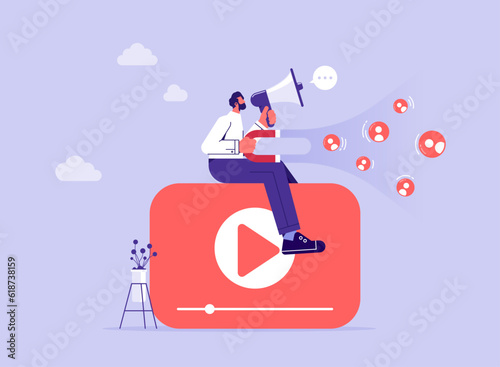 Video marketing online concept, businessman leader working with viral content using magnets and megaphone to advertising customer