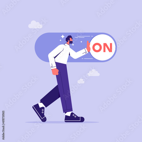 Turn on switch, start or begin business, setting or preference concept, businessman push setting button switch to on position