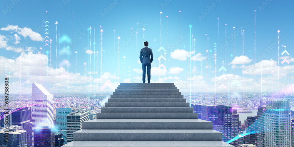 Man on staircase looking at city with network hologram Man on staircase looking at city with network hologram