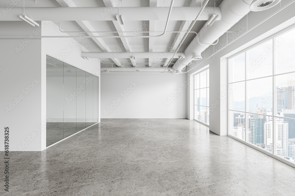 Empty white office hall with blank wall