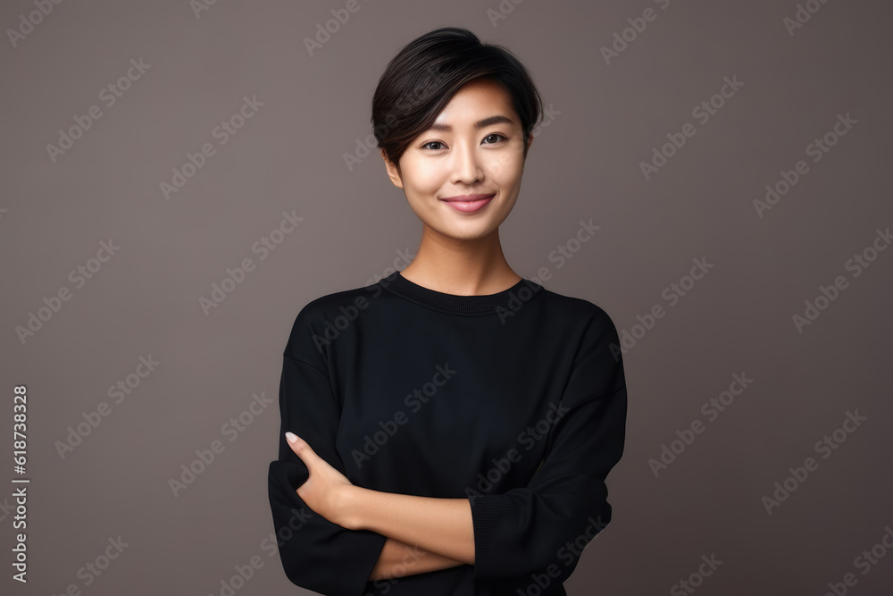 Generative AI - Serene Reflections: Thoughtful Asian Woman Smiling, Standing with Crossed Arms, Embracing Minimalist Elegance Generative AI - Serene Reflections: Thoughtful Asian Woman Smiling, Standing with Crossed Arms, Embracing Minimalist Elegance