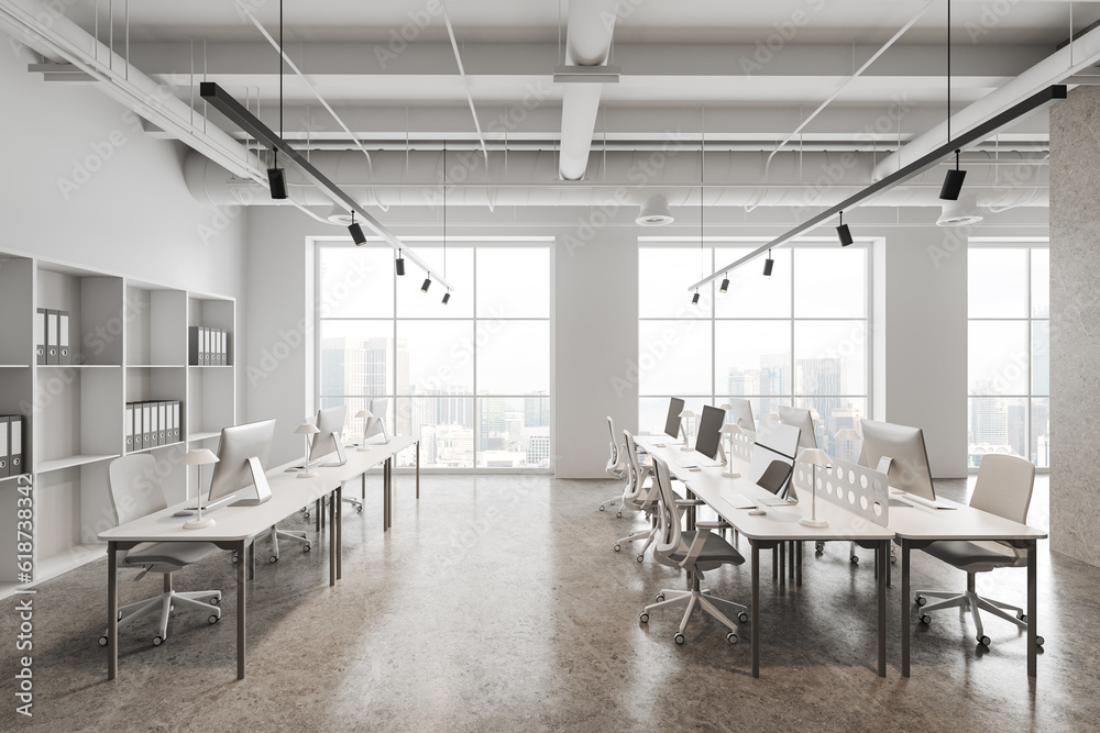 White coworking interior with pc computer on desk in row, panoramic window