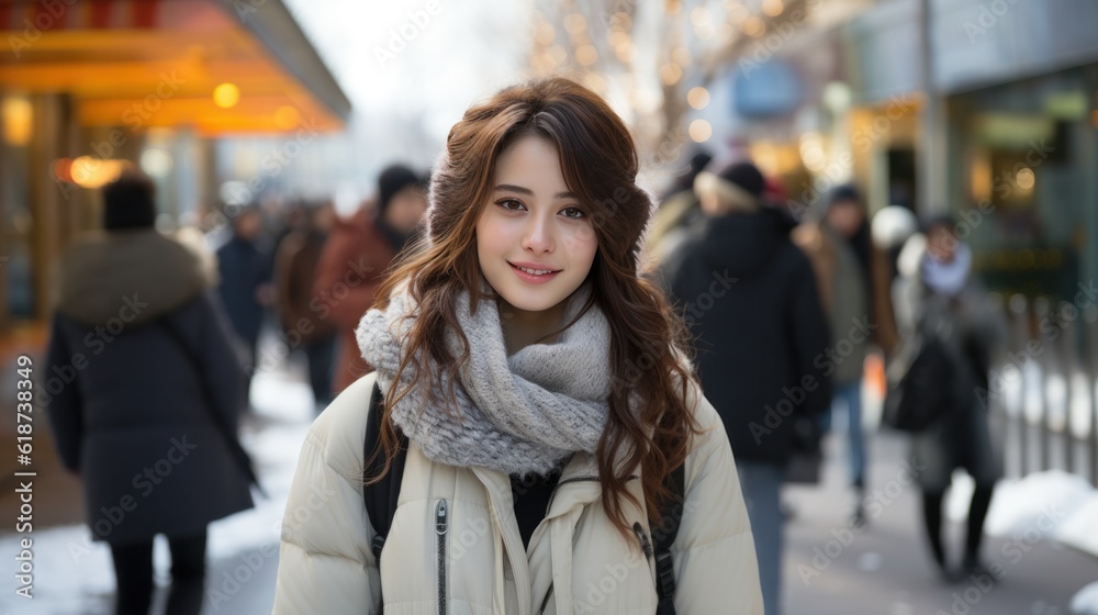 Closeup portrait of happy asian girl wearing warm outfit enjoying winter moments. Smiling woman in knitted hat having fun in snowy day on blur nature and road background.