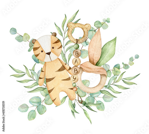Welcome baby card with tiger doll, teething toy, and eucalyptus branches. Hand drawn watercolor illustration eco baby toys for card, poster, invitation, baby shower, tags, printing, nursery