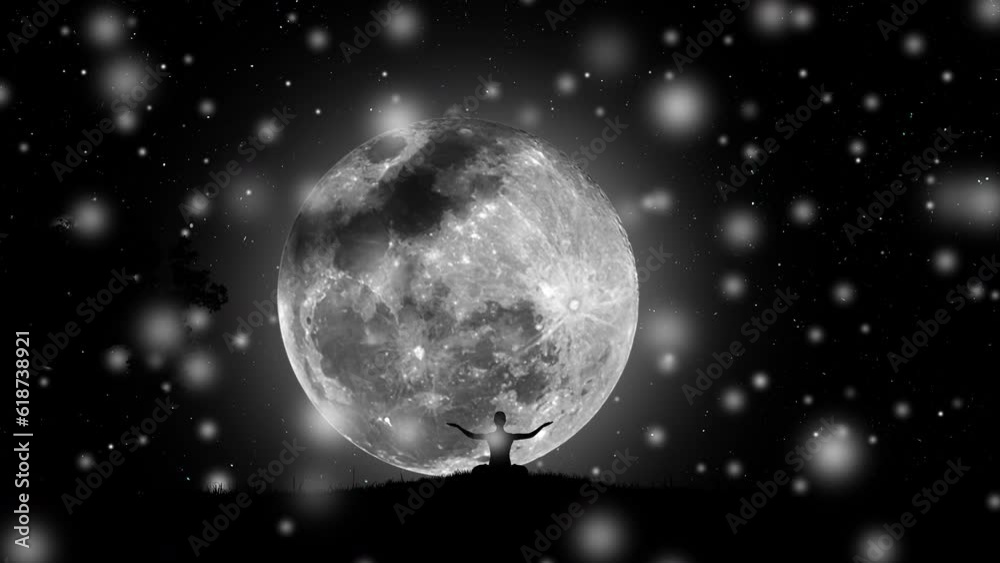 A man in a lotus position in nature meditates at night, folding his hands above his head, against the background of a starry sky, flying lights and a rising huge full moon. 4k video animation 60 fps. A man in a lotus position in nature meditates at night, folding his hands above his head, against the background of a starry sky, flying lights and a rising huge full moon. 4k video animation 60 fps.