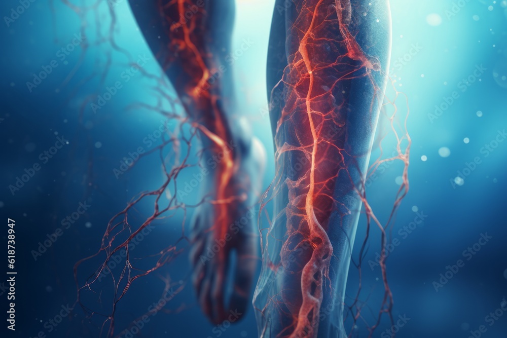 Close-up of leg with varicose veins disease. Glowing illustrative image. Made with Generative AI.  - obrazy, fototapety, plakaty 