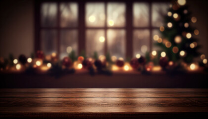 Empty wooden table with christmas theme in background