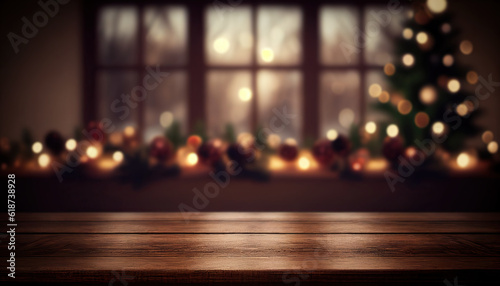 Empty wooden table with christmas theme in background photo