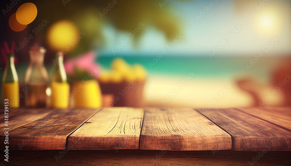 Empty wooden table with tropical beach theme in background
