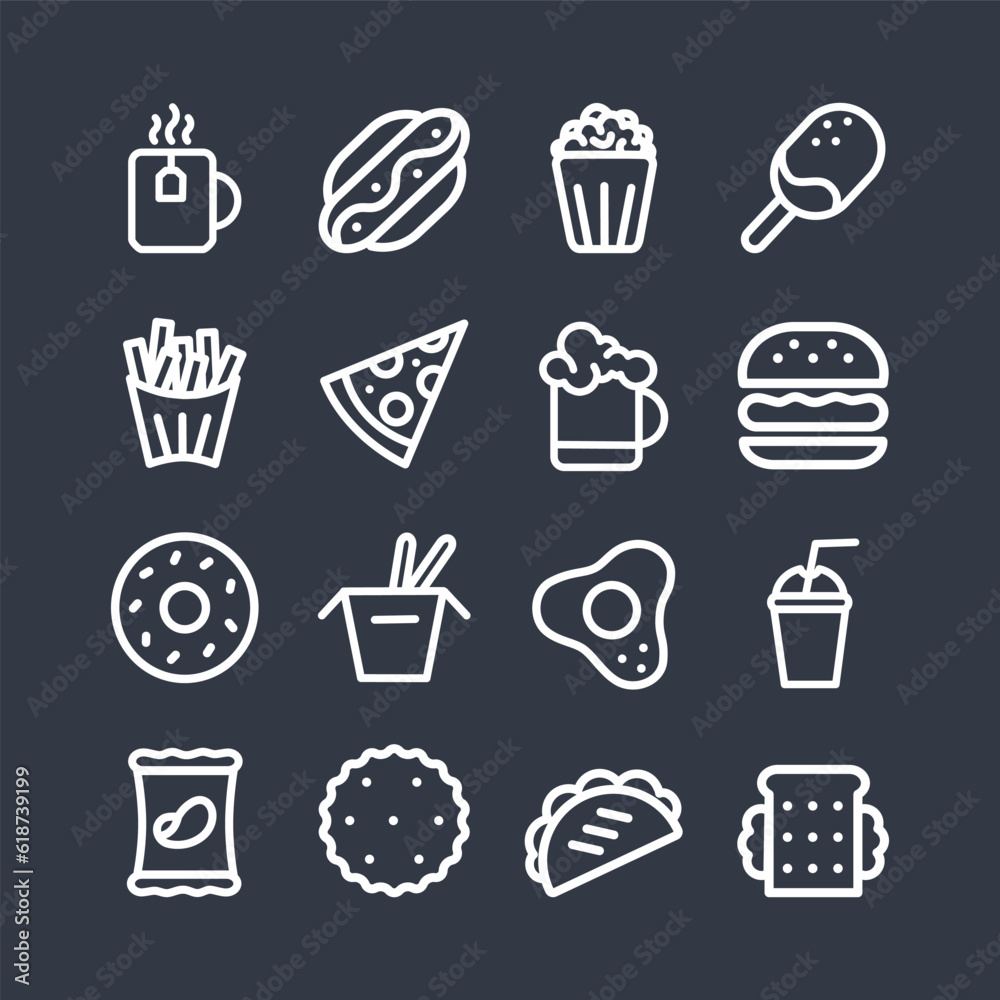 Fast food vector line bold icon set with text. Pizza, taco, hamburger, fries potatoes, popcorn, ramen noodle soup, hot dog, popcorn, ice cream, chips, hot dog, donut, sandwich. Fast food vector line bold icon set with text. Pizza, taco, hamburger, fries potatoes, popcorn, ramen noodle soup, hot dog, popcorn, ice cream, chips, hot dog, donut, sandwich.