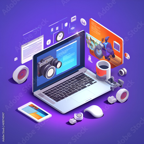 internet marketing and seo icon  with laptop  telephone and camera vector illustration  in the style of isometric