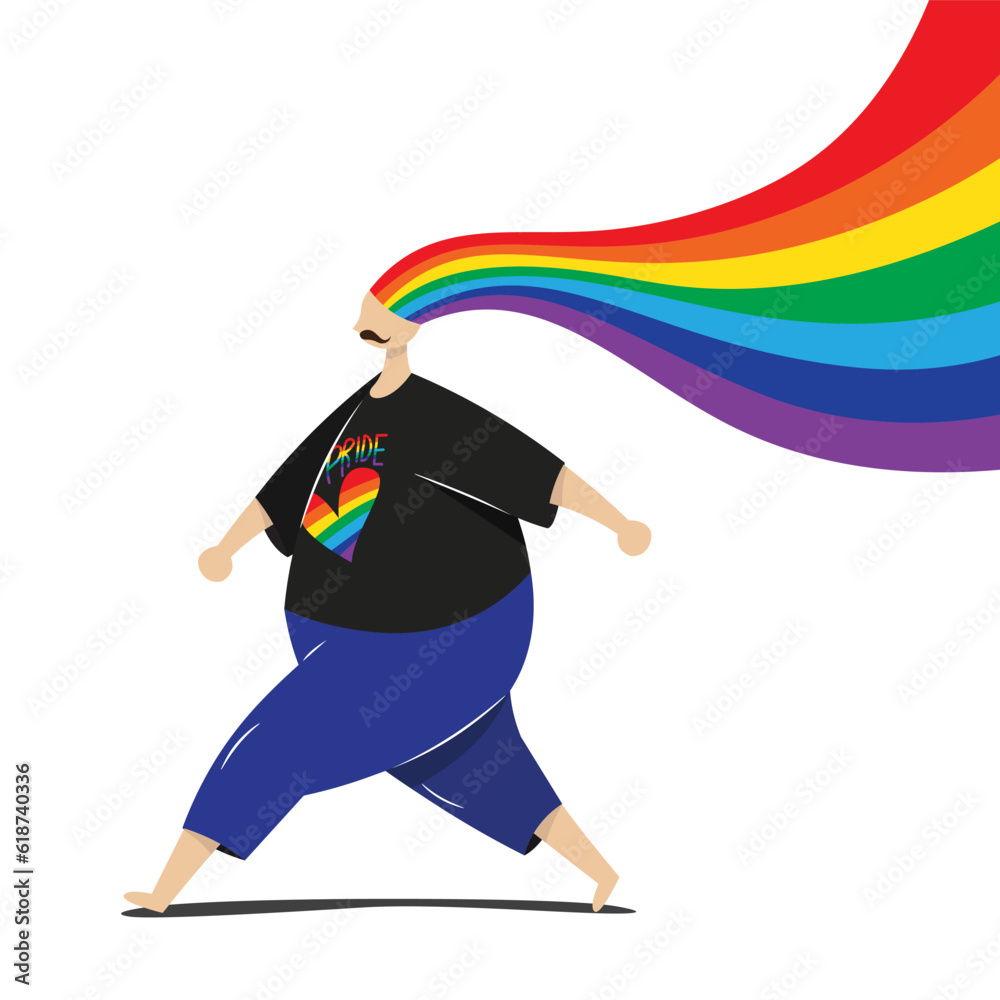 vector illustration of happy man proudly walking with rainbow hair isolated on white background with copy space for banner. LGBT Pride Month concept.