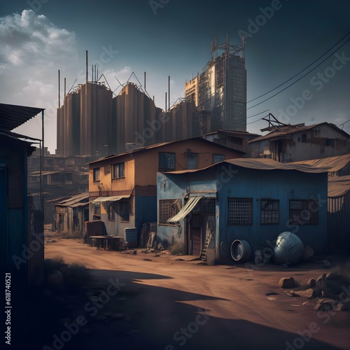 Arcane Futuristic kibera city favela in nairobi technological city distopian city cinematic view of the streets cinematic lighting day exterior street view with background of sci fi towers renzo  photo