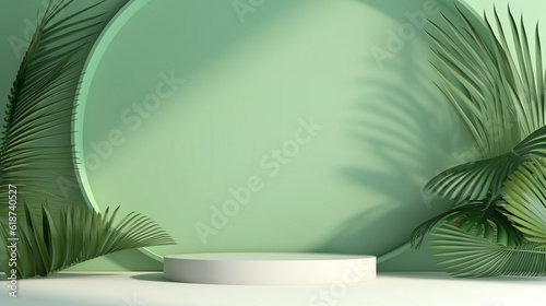Abstract soft green color gradient studio background for product presentation. Empty room with shadows of window and flowers and palm leaves. 3d room with copy space. Summer concert. Blurred backdrop