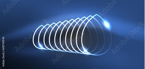 Neon laser lines  circles waves abstract background. Neon light or laser show  electric impulse  power lines  techno quantum energy impulse  magic glowing dynamic lines