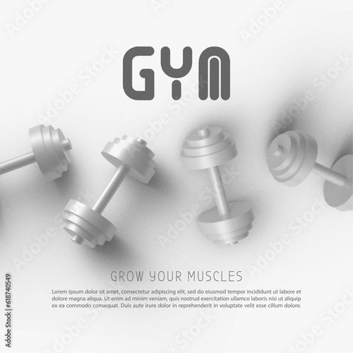 Banner with barbells dumbbells fitness realistic three-dimensional composition on pink background, crossfit logo