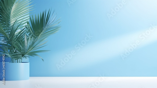 Abstract soft blue color gradient studio background for product presentation. Empty room with shadows of window and flowers and palm leaves. 3d room with copy space. Summer concert. Blurred backdrop
