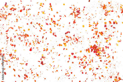 Spicy chili red pepper flakes, chopped, milled dry paprika pile isolated on white, top view © dule964