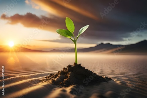 developing plant, Young plant with ground backdrop and dawn light, New life idea