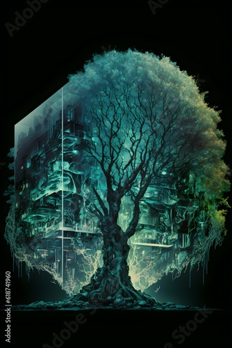 double exposure magnetic resonance of an ancient glowing magical tree set into a biophilic timeless masterpiece cencept art architectural cyberpunk glass metallic building dark night time backset by  photo
