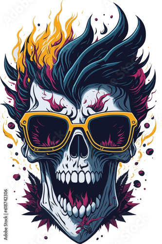 Fancy smiling skull in sunglasses with fantasy fire flames around isolated, vintage style flat sticker vector illustration