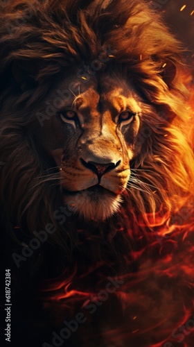 The Lion King amidst a fiery landscape. The Lion King in Bright Fire. The Lion King stands proudly with a majestic mane and a powerful gaze. Generative AI © BraveSpirit