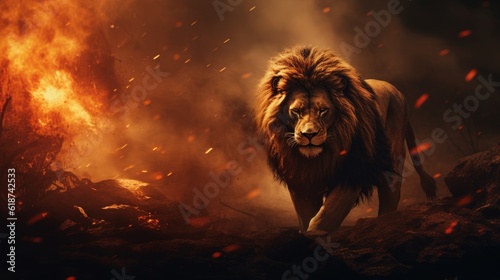 The Lion King amidst a fiery landscape. The Lion King in Bright Fire. The Lion King stands proudly with a majestic mane and a powerful gaze. Generative AI