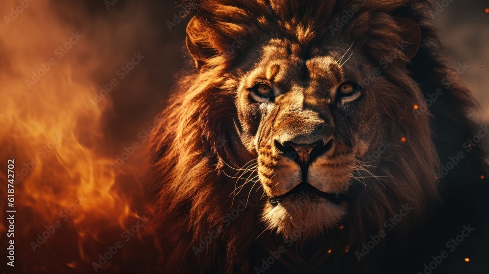 Fototapeta premium The Lion King amidst a fiery landscape. The Lion King in Bright Fire. The Lion King stands proudly with a majestic mane and a powerful gaze. Generative AI