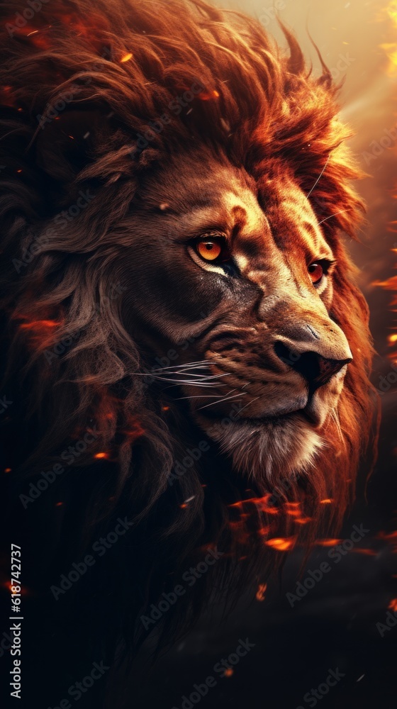The Lion King amidst a fiery landscape. The Lion King in Bright Fire. The Lion King stands proudly with a majestic mane and a powerful gaze. Generative AI The Lion King amidst a fiery landscape. The Lion King in Bright Fire. The Lion King stands proudly with a majestic mane and a powerful gaze. Generative AI