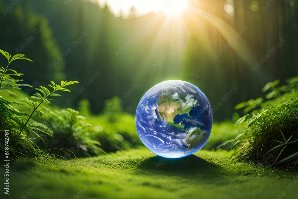 Planet Earth On Soil With green Moss and Ferns In Sunny Forest With bokeh background. Ecology And Earth Day concept