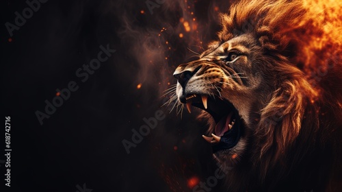 The Lion King amidst a fiery landscape. The Lion King in Bright Fire. The Lion King stands proudly with a majestic mane and a powerful gaze. Generative AI