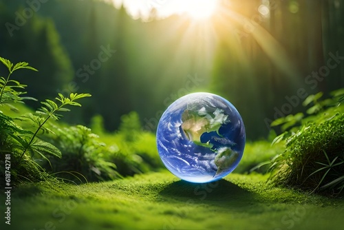 Planet Earth On Soil With green Moss and Ferns In Sunny Forest With bokeh background. Ecology And Earth Day concept