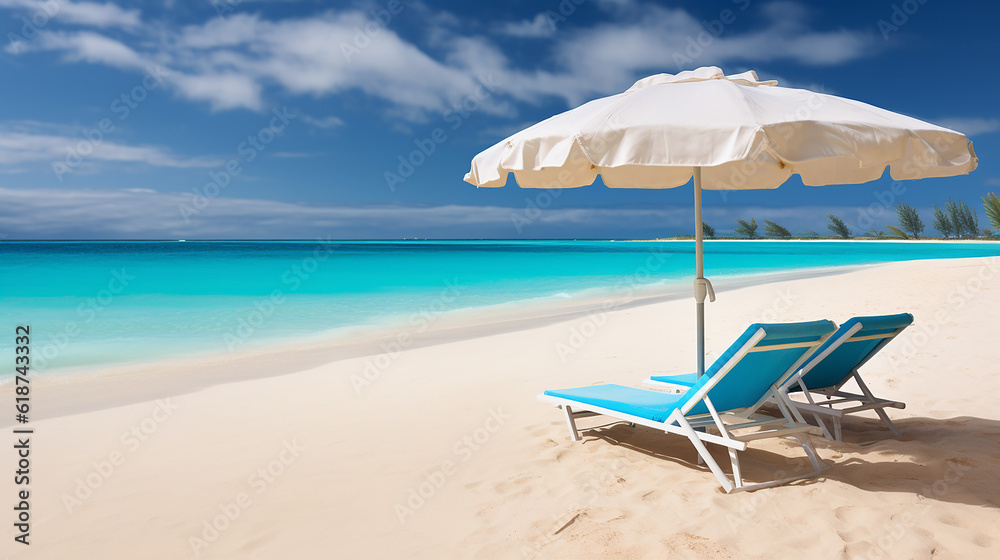 Beach chairs with umbrella and beautiful sand beach in Punta Cana, Dominican Republic. Panorama of tropical beach with white sand and turquoise water. Travel summer holiday background concept