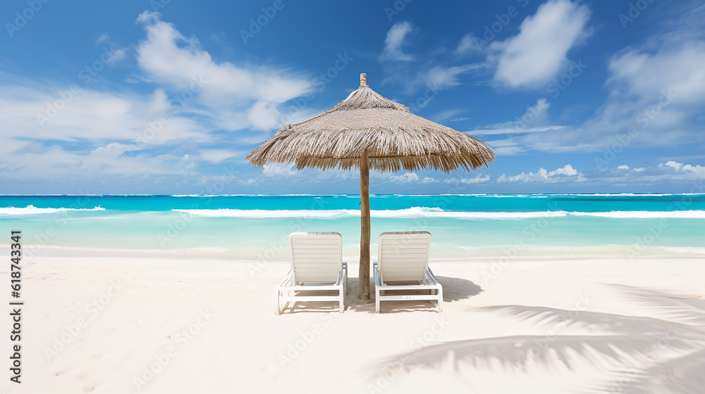Beach chairs with umbrella and beautiful sand beach in Punta Cana, Dominican Republic. Panorama of tropical beach with white sand and turquoise water. Travel summer holiday background concept