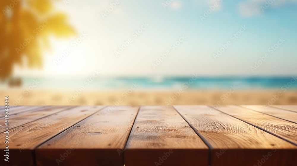 Wooden board empty table top on of blurred background. Perspective brown wood table over blur in summer beach background Wooden board empty table top on of blurred background. Perspective brown wood table over blur in summer beach background