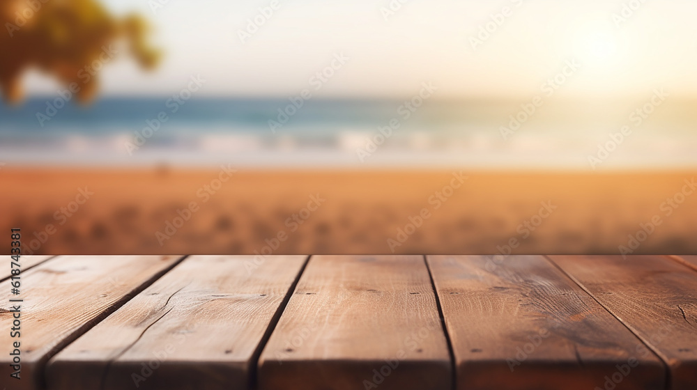 Wooden board empty table top on of blurred background. Perspective brown wood table over blur in summer beach background Wooden board empty table top on of blurred background. Perspective brown wood table over blur in summer beach background