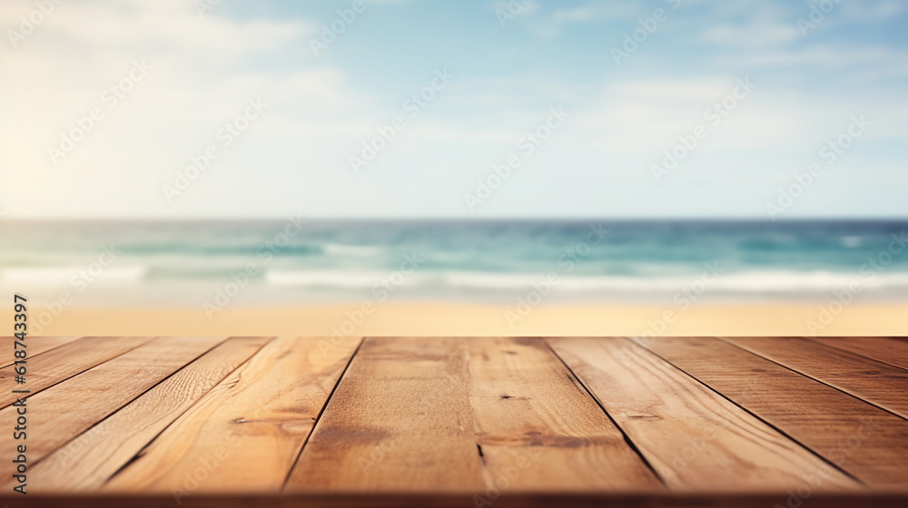 Wooden board empty table top on of blurred background. Perspective brown wood table over blur in summer beach background Wooden board empty table top on of blurred background. Perspective brown wood table over blur in summer beach background