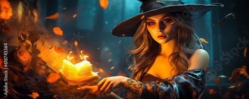 Witchy Conjuring: Young Woman in Witches Hat Performing Magic in Spooky Background