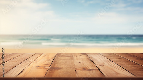 Wooden board empty table top on of blurred background. Perspective brown wood table over blur in summer beach background