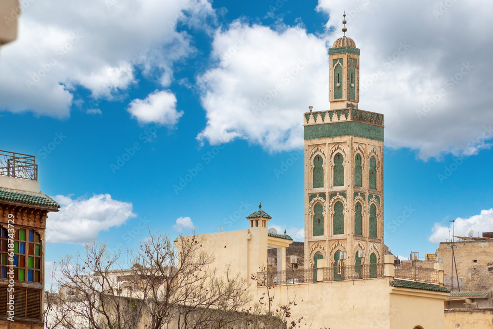 Minaret of mosque Sidi Ahmed Tijana in the medina of Fes in Morocco